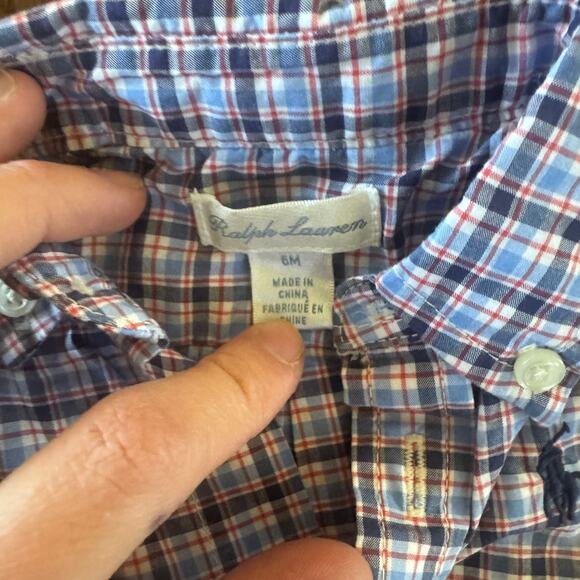 Ralph Lauren Boys 6 Month Button Down Collared Shirt Plaid Preppy Blue Red - Picture 3 of 5